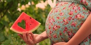 Wassermelonenscheibe in der Hand einer schwangeren Frau
